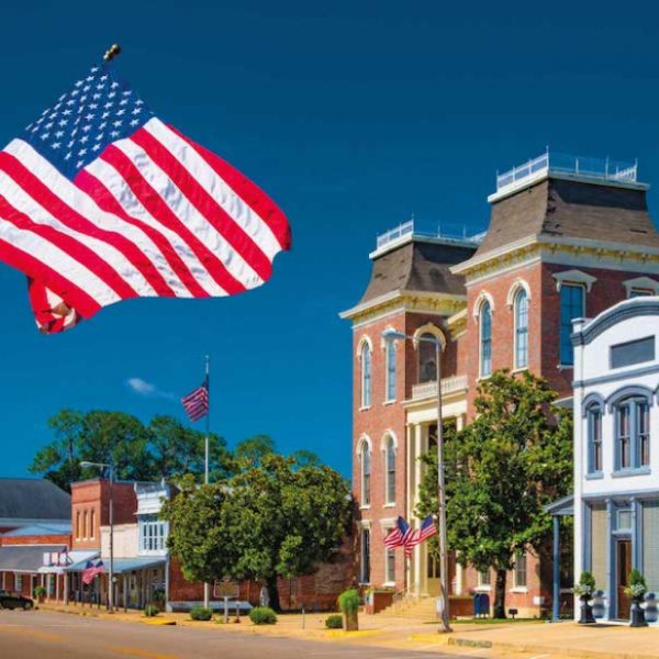 American flag in a street.
