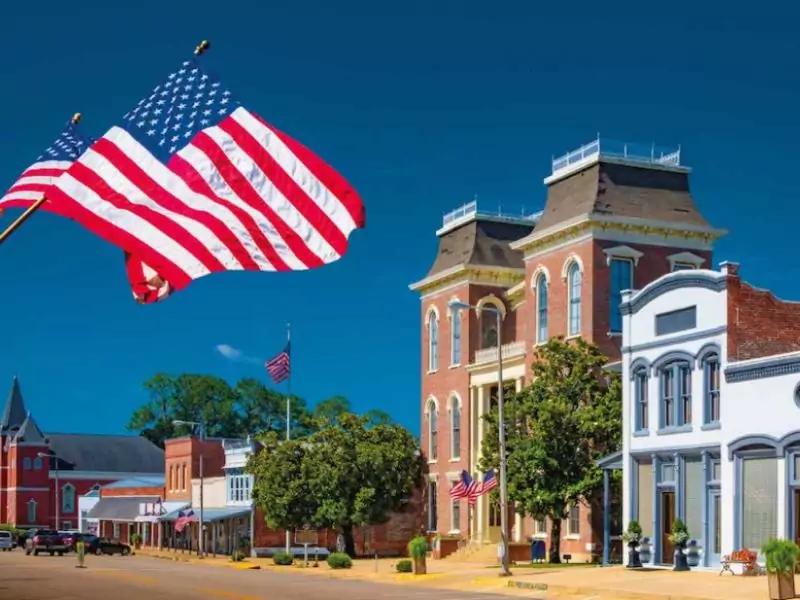 American flag in a street.