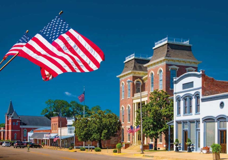 American flag in a street.